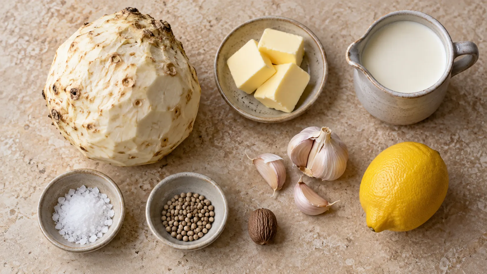 Zutaten für Keto-Selleriepüree: eine geschälte Selleriewurzel, Butter, Sahne, eine Knoblauchzehe, eine Muskatnuss, Salz und weißer Pfeffer