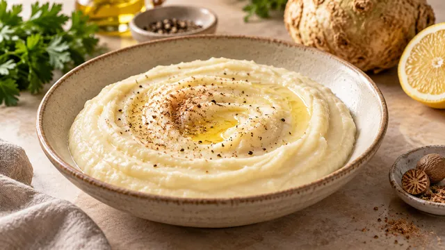 Samtiges hellbeiges Keto-Selleriepüree in einer Schale, mit einem Stück brauner Butter und frisch geriebener Muskatnuss obenauf