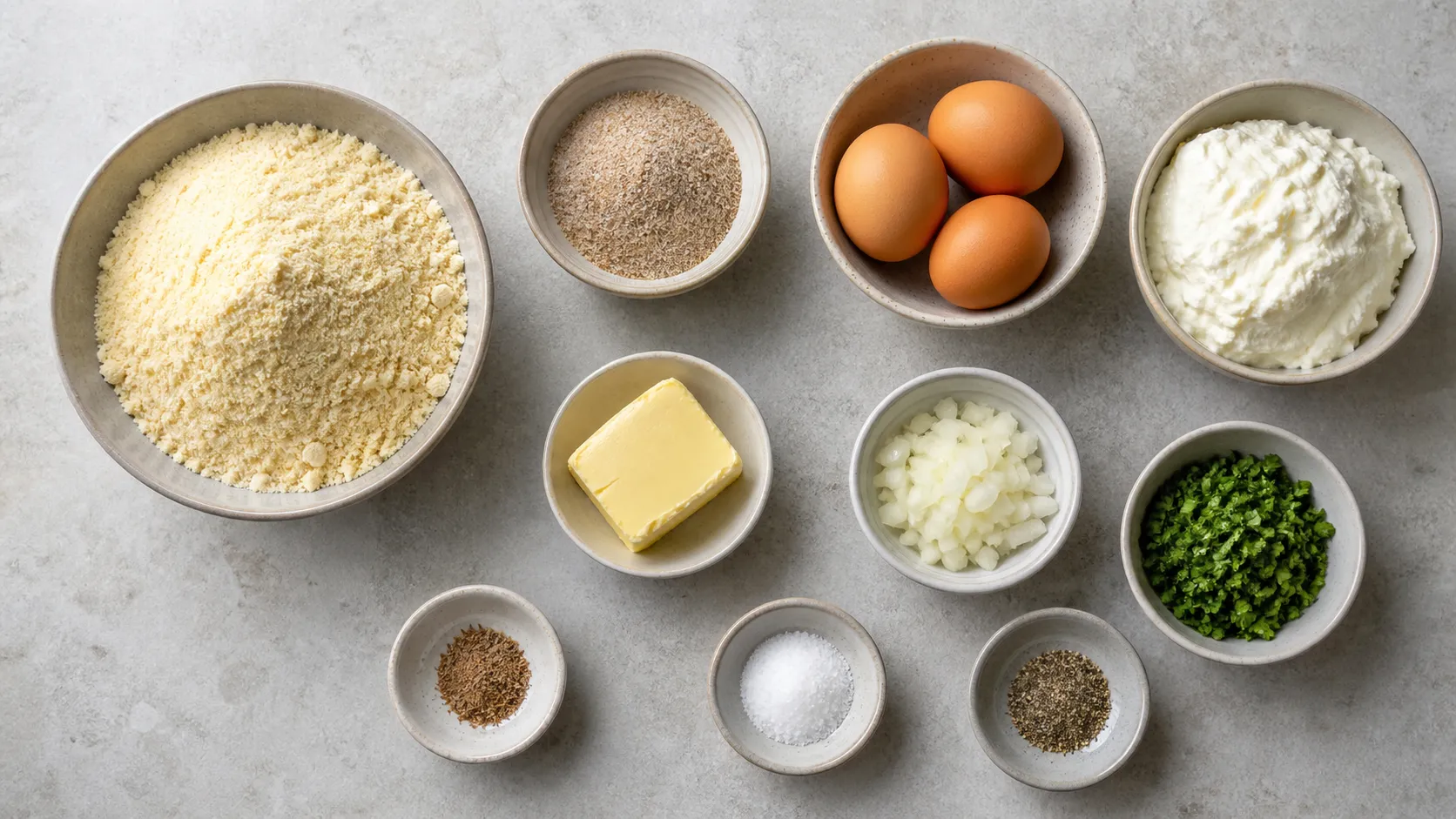 Zutaten für Keto-Serviettenknödel: Mandelmehl, Flohsamenschalen, Eier, Quark, Butter, Zwiebel, Petersilie und Muskatnuss