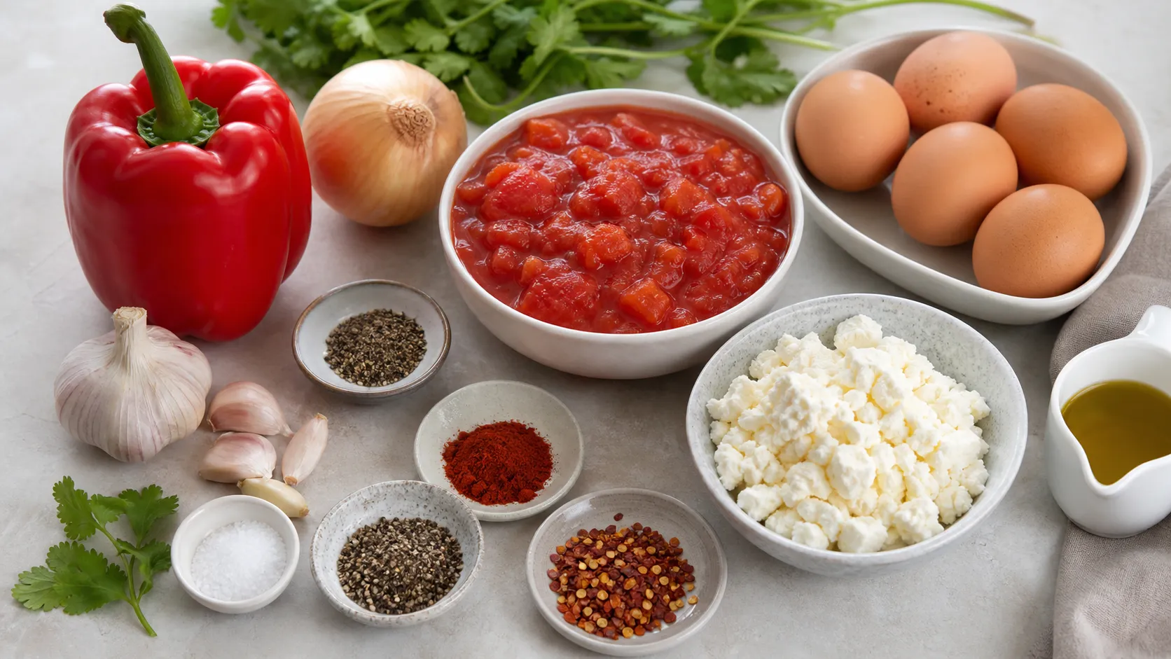 Zutaten für Keto-Shakshuka mit Feta mit Eiern, Tomaten, roter Paprika, Zwiebel, Knoblauch, Feta, Olivenöl und Gewürzen