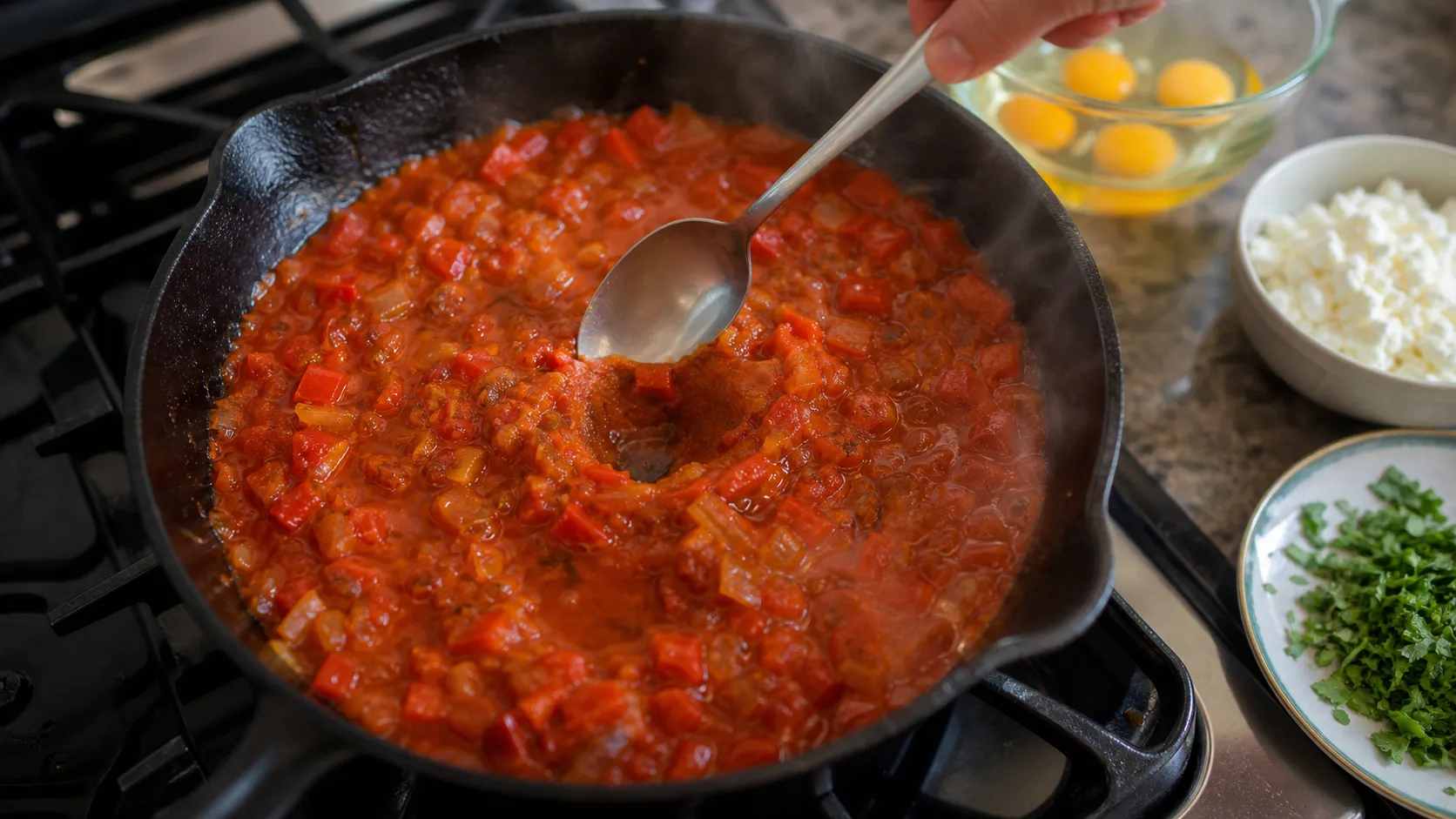 Würzige Tomatensauce köchelt in einer Pfanne und Mulden für Eier werden für die Keto-Shakshuka geformt