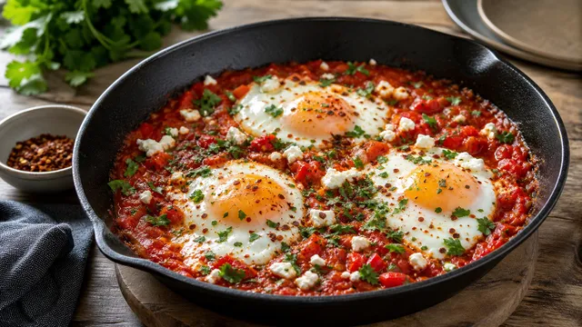 Keto-Shakshuka mit Feta in einer gusseisernen Pfanne – pochierte Eier in roter Tomatensauce mit Feta-Krümeln und Koriander