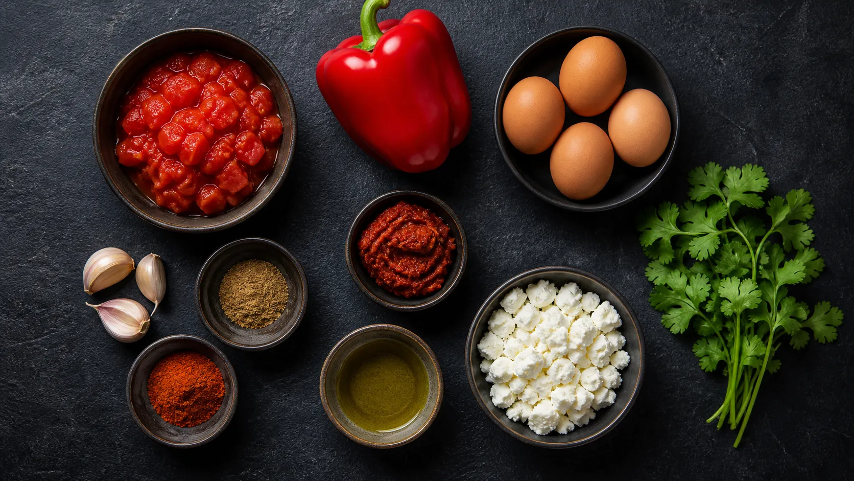 Flatlay der Zutaten für Keto-Shakshuka mit Eiern, Tomaten, Harissa, Paprika und Feta