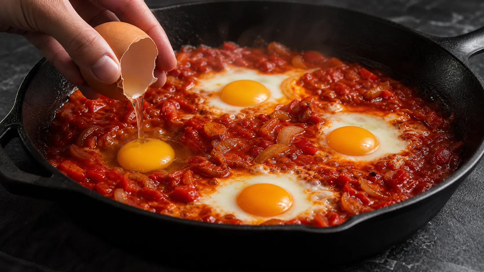Eier werden in Mulden der Harissa-Tomatensauce für Keto-Shakshuka pochiert