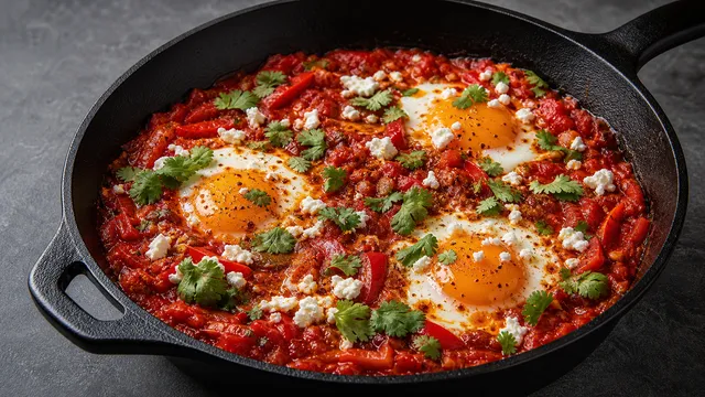 Fertige Keto-Shakshuka mit Harissa, pochierten Eiern, Feta und Koriander