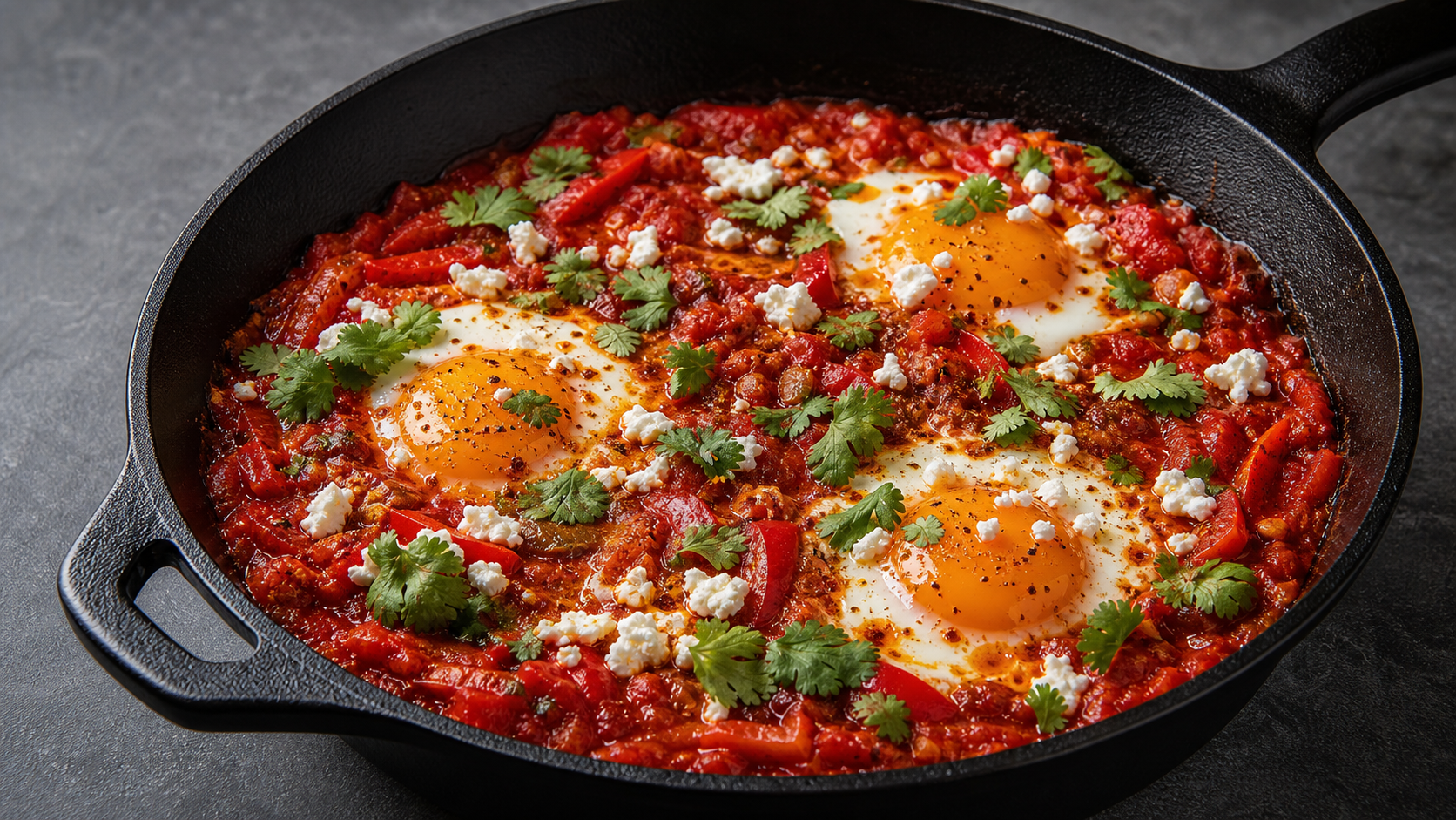 Fertige Keto-Shakshuka mit Harissa, pochierten Eiern, Feta und Koriander