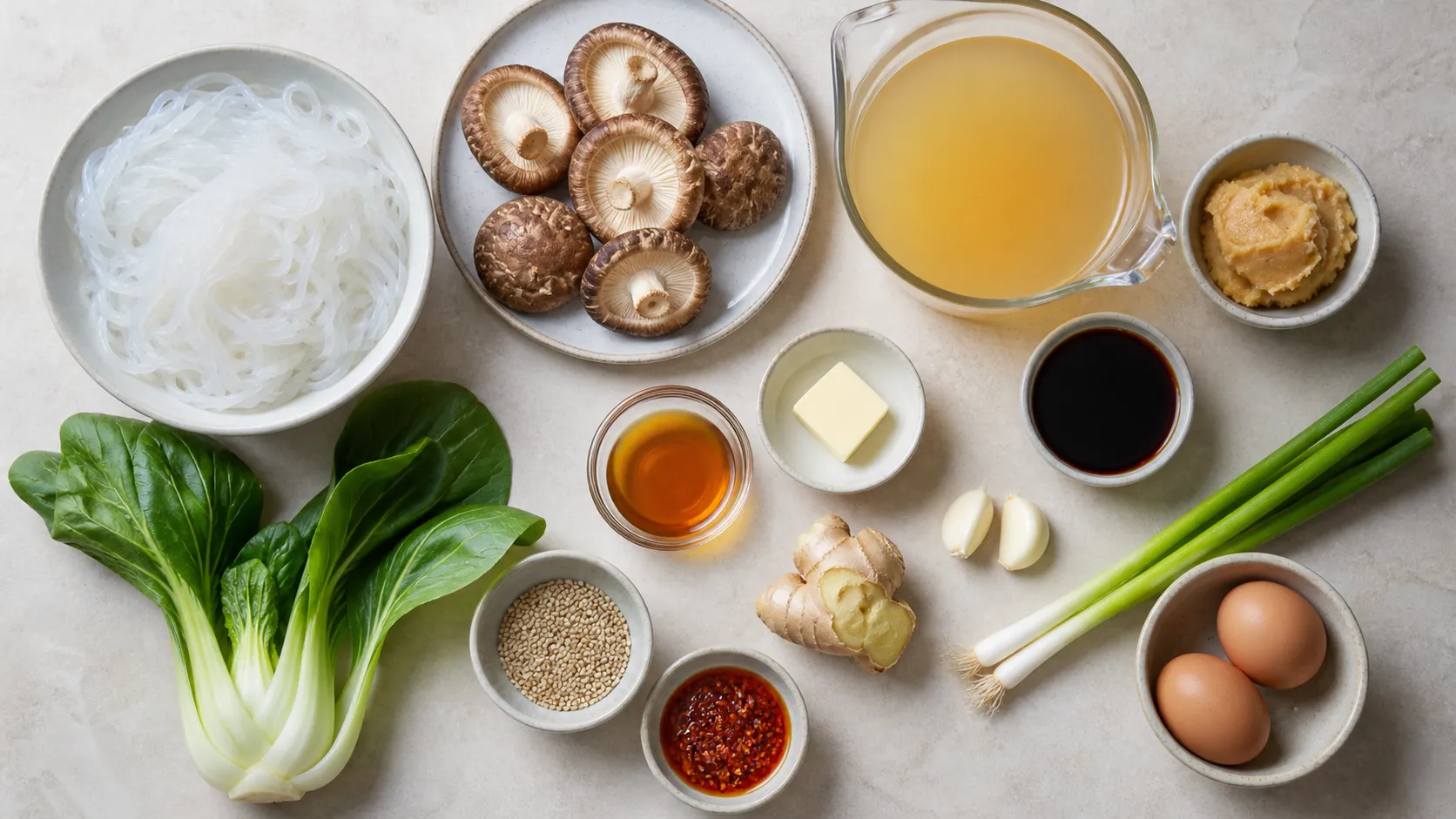 Zutaten für Keto Ramen: Shiitake, Konjaknudeln, Misopaste, Sojasauce, Butter, Ingwer, Knoblauch und Eier