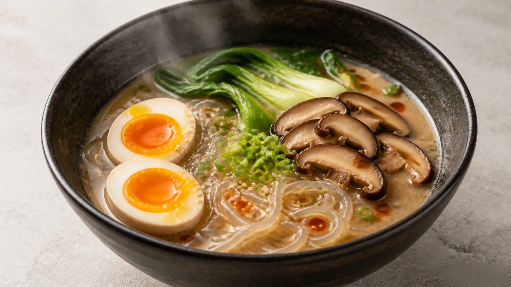 Schale Keto Ramen mit Shiitake, Konjaknudeln, halbiertem weich gekochtem Ei, Pak Choi und Frühlingszwiebeln