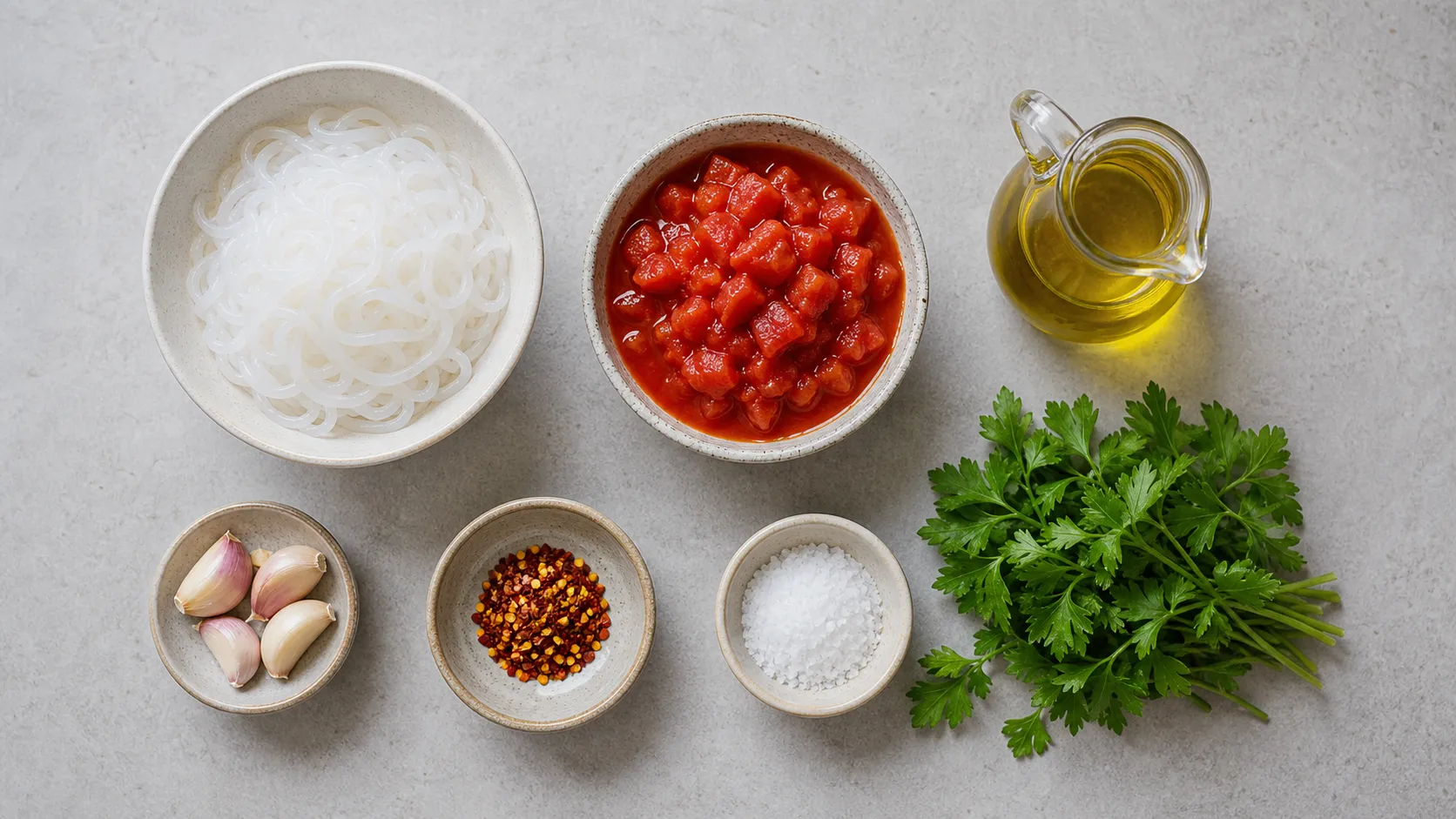Zutaten für Keto Shirataki Arrabiata: Konjak-Nudeln, Dosentomaten, Knoblauch, Chiliflocken, Olivenöl und frische Petersilie