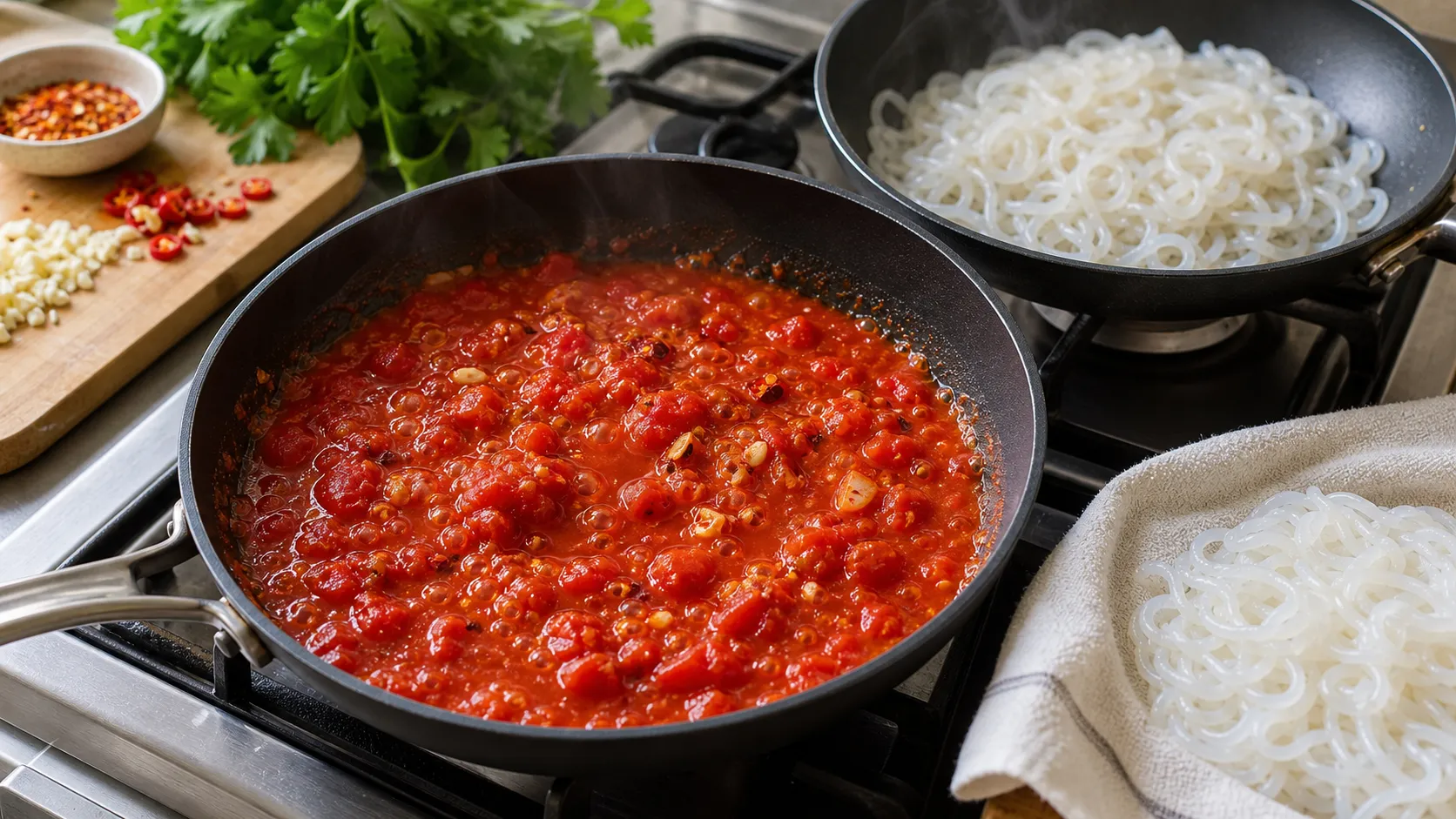 Arrabiata-Sauce mit Knoblauch und Chiliflocken köchelt in der Pfanne, daneben trocken geröstete Shirataki-Nudeln
