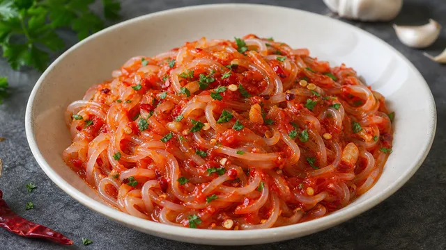 Keto Shirataki Arrabiata auf einem tiefen Teller: Konjak-Nudeln mit leuchtend roter Tomaten-Chili-Sauce, Knoblauch und frischer Petersilie