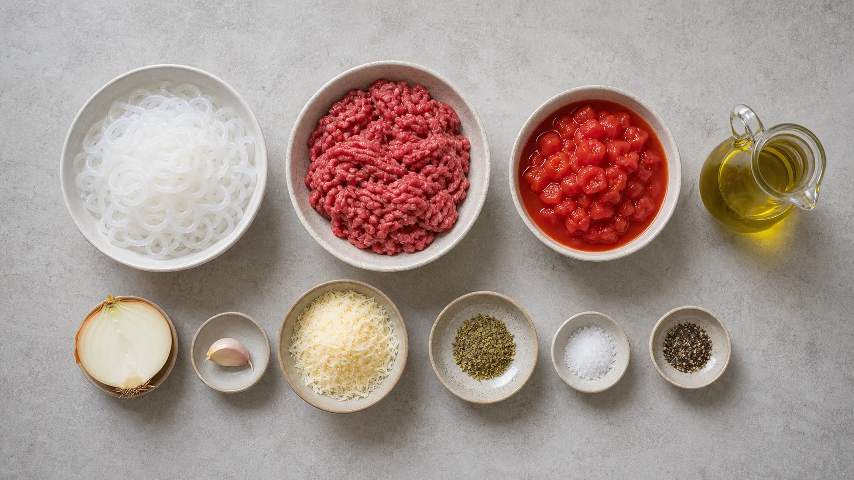 Zutaten für Keto Shirataki-Bolognese: Konjak-Nudeln, Rinderhackfleisch, Tomaten, Zwiebel, Knoblauch, Olivenöl und Parmesan