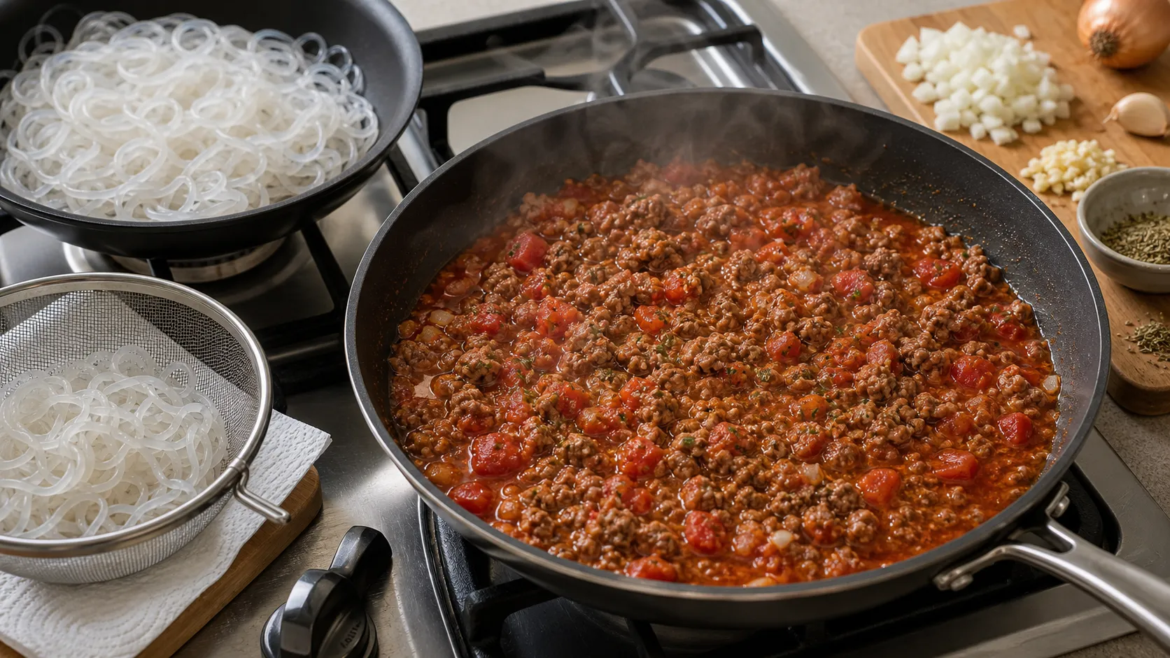 Rinderhack-Ragù köchelt in der Pfanne, daneben abtropfende Shirataki-Nudeln auf Küchenpapier