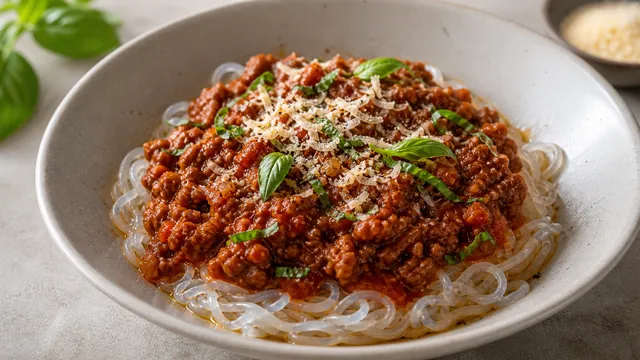 Keto Shirataki-Bolognese in einem tiefen Teller: Konjak-Nudeln mit reichem Rinderhack-Ragù, Parmesan und frischem Basilikum