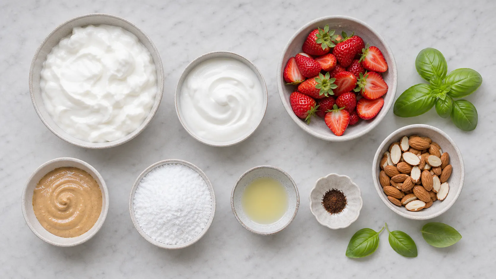 Zutaten für die Keto-Skyr-Bowl: Skyr, griechischer Joghurt, Erdbeeren, Basilikum, Mandeln und Mandelmus