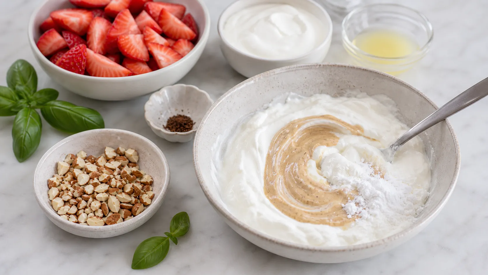 Skyr wird mit Mandelmus und etwas Erythrit glatt verrührt, daneben geviertelte Erdbeeren