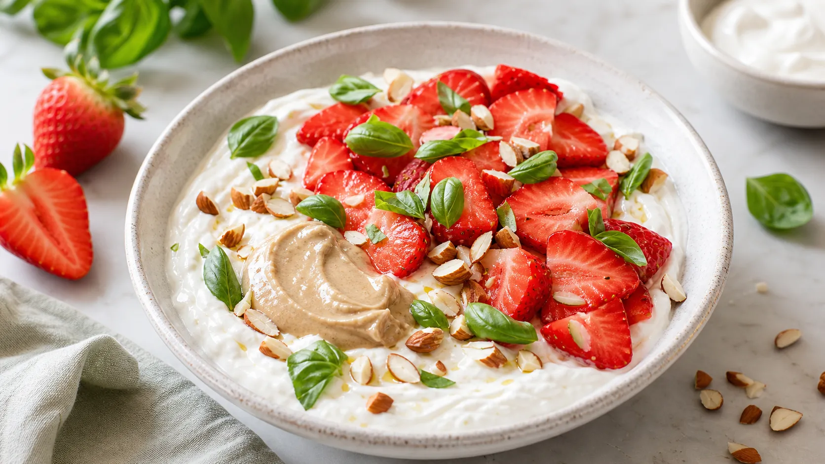 Keto Skyr-Bowl mit frischen Erdbeeren, Basilikumblättern, gehobelten Mandeln und Mandelmus in einer Schale