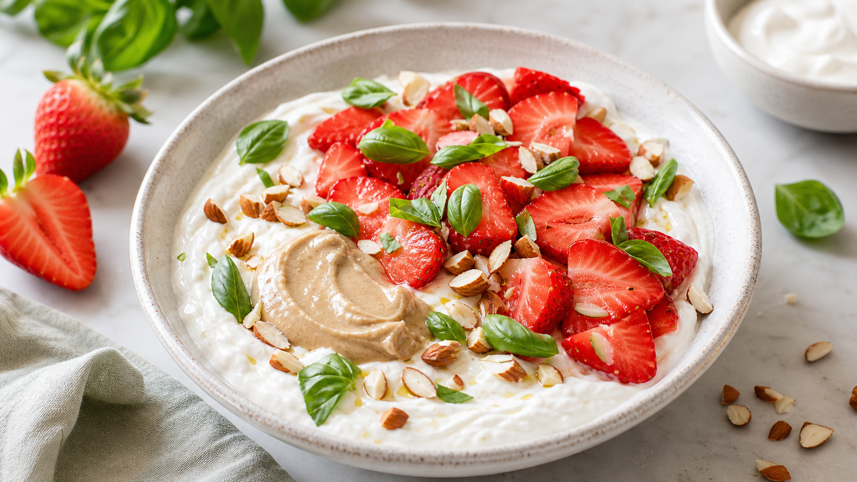 Keto Skyr-Bowl mit frischen Erdbeeren, Basilikumblättern, gehobelten Mandeln und Mandelmus in einer Schale
