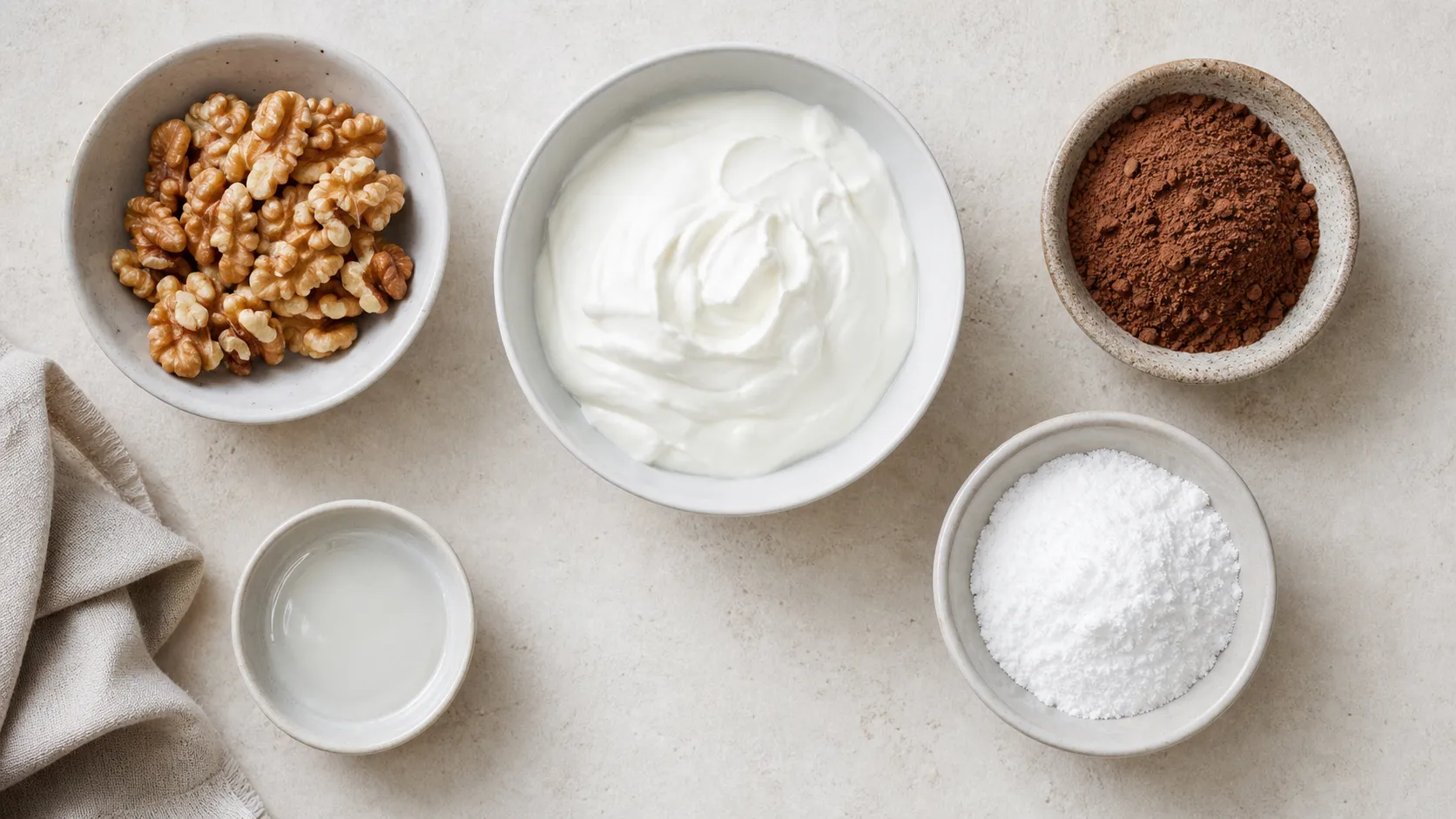Zutaten für Keto Skyr-Walnuss-Kakao-Bowl: Skyr, Walnüsse, Kakao, Erythrit und Kokosöl