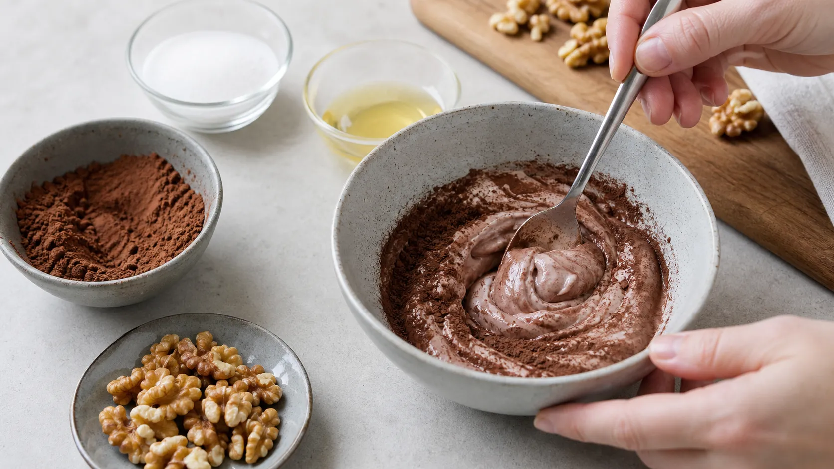 Skyr wird mit Kakaopulver und Erythrit verrührt