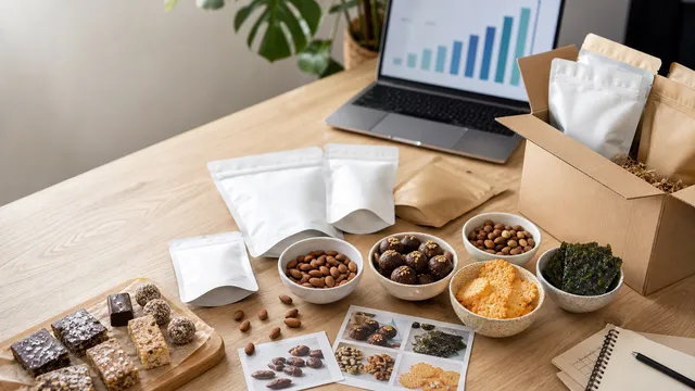 Food-Startup-Tisch mit neutralen Snack-Prototypen, Mandeln, Parmesan-Crisps, Seetang-Snacks und Laptop