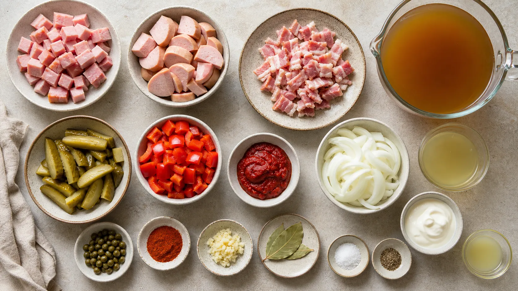 Zutaten für Keto Soljanka: gewürfelter Kassler, Fleischwurst, Speck, Gewürzgurken, Paprika, Tomatenmark und Kapern