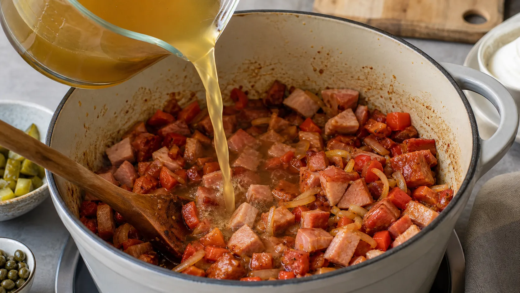 Angebratene Fleisch- und Wurstwürfel werden mit Brühe im Suppentopf abgelöscht