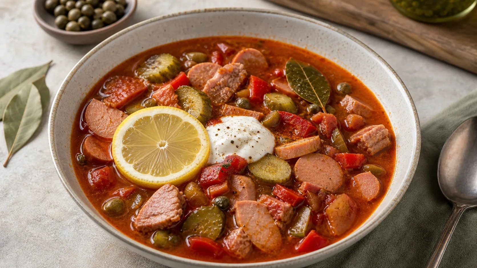 Keto Soljanka mit Kassler, Wurst, Gewürzgurken, Zitronenscheibe und Schmand in einem tiefen Teller