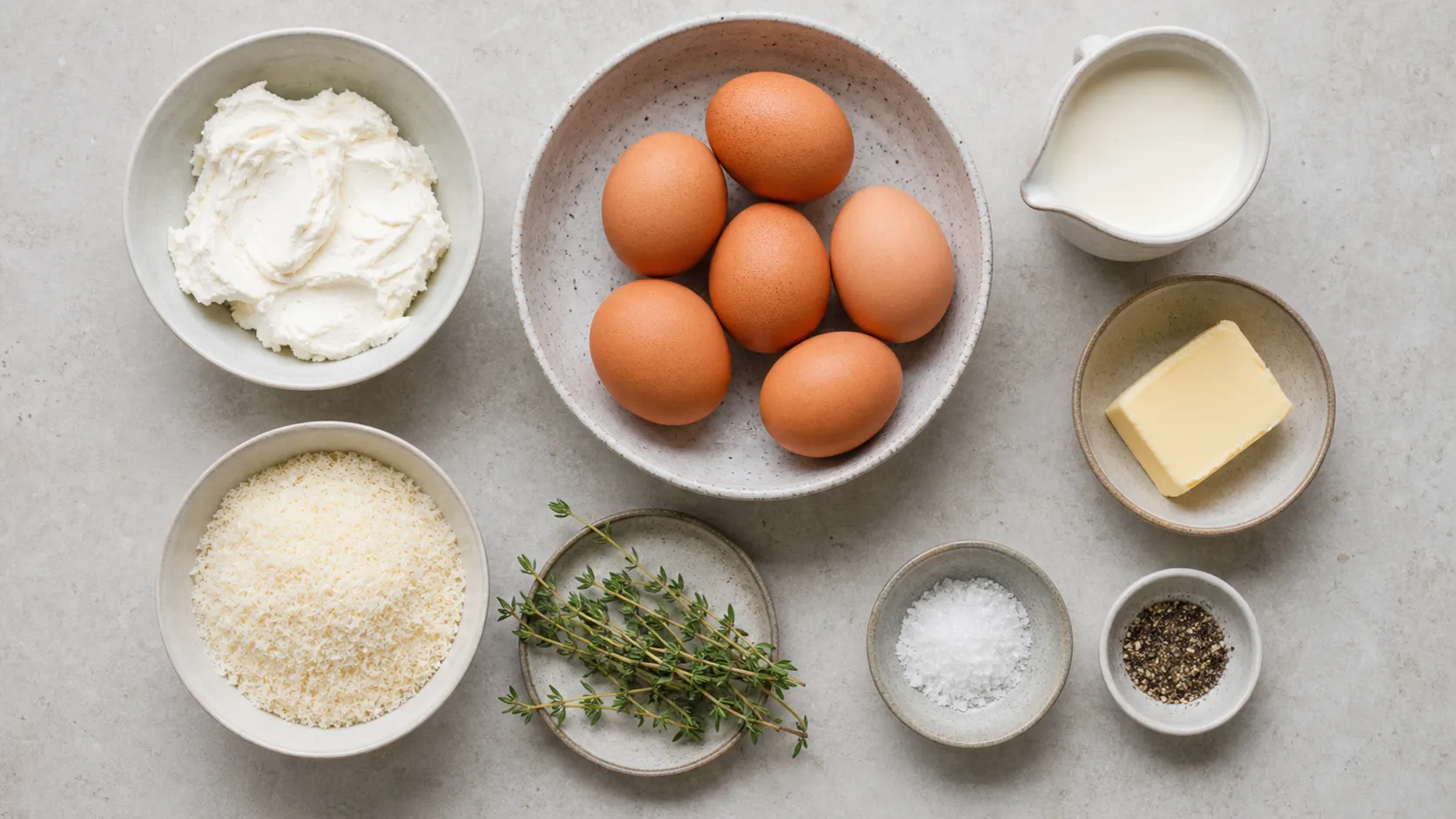 Zutaten für ein Keto-Soufflé-Omelett: Eier, Ziegenfrischkäse, Sahne, Butter, Parmesan und frischer Thymian