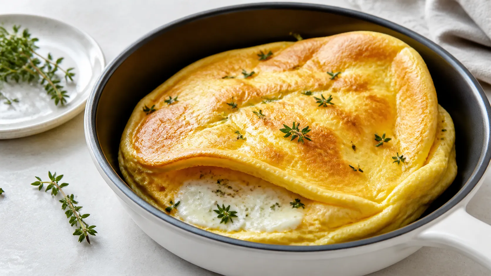 Luftiges Keto-Soufflé-Omelett mit geschmolzenem Ziegenkäse und Thymianzweigen in einer Pfanne