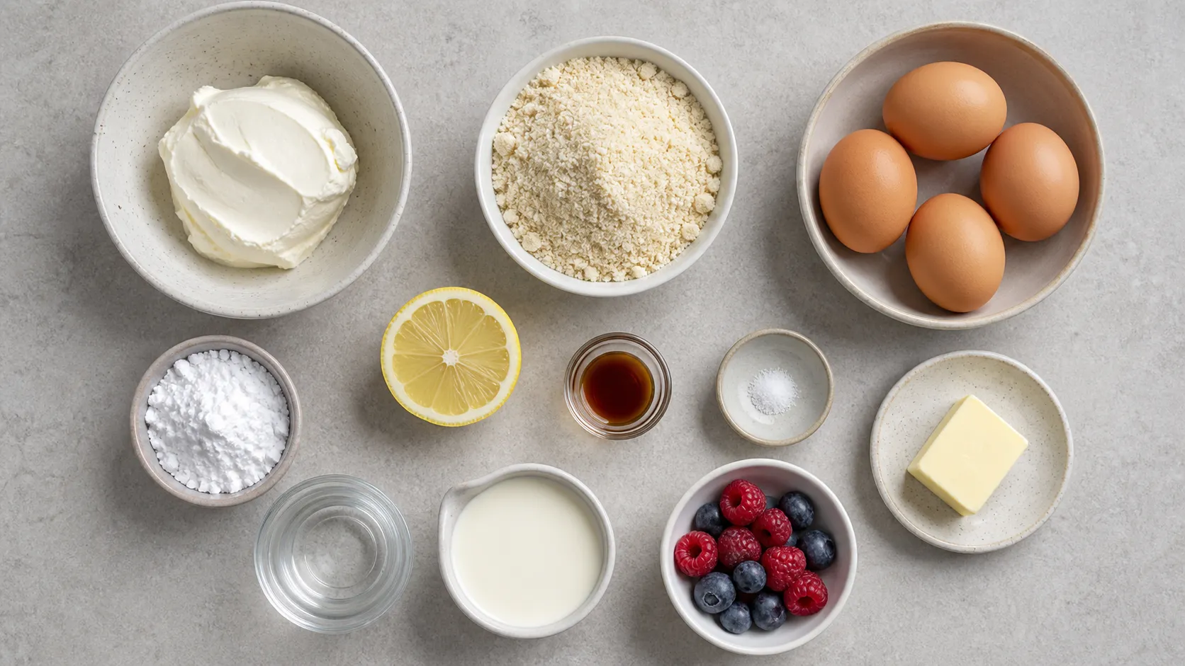 Zutaten für japanische Keto-Soufflé-Pancakes: Eier, Mandelmehl, Frischkäse, Erythrit, Beeren und Sahne