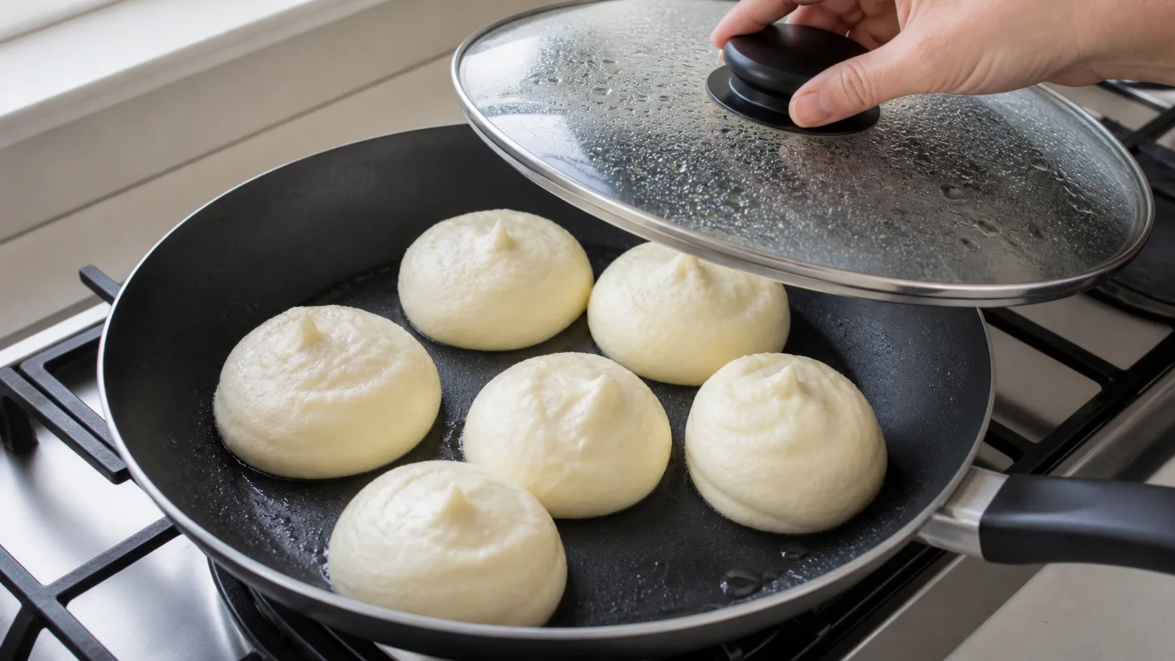 Hohe Pancake-Küchlein garen zugedeckt bei kleiner Hitze in einer beschichteten Pfanne