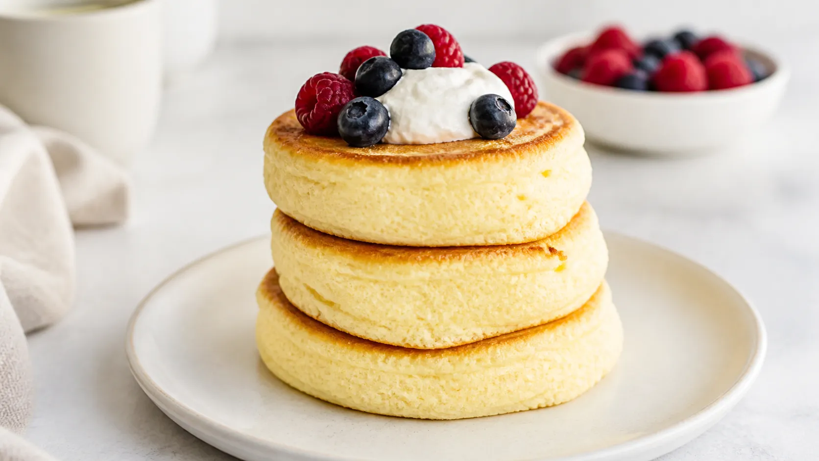 Drei hohe japanische Keto-Soufflé-Pancakes mit Schlagsahne, Himbeeren und Blaubeeren auf einem Teller