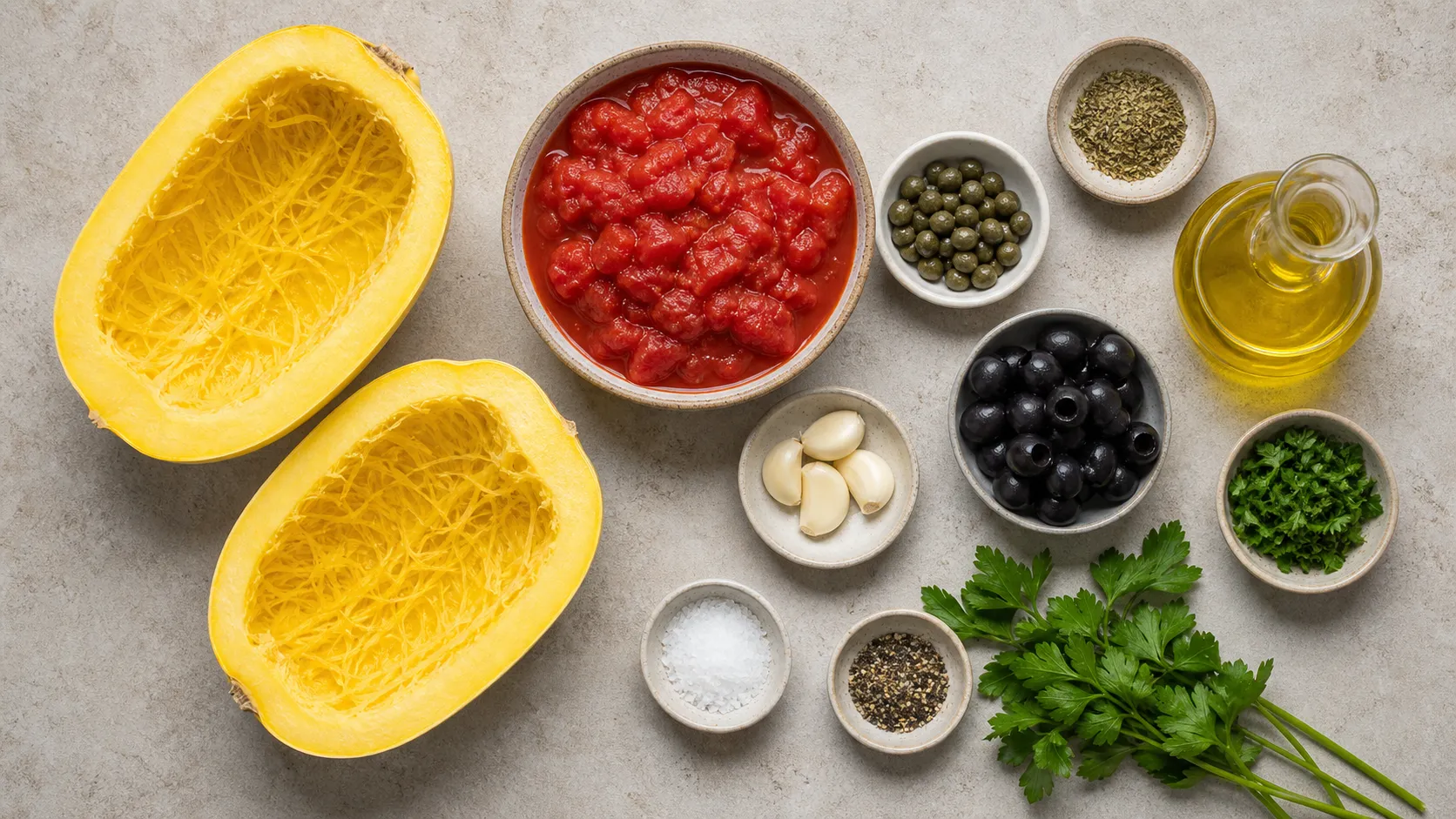 Zutaten für Keto Spaghetti-Kürbis Puttanesca: halber Spaghetti-Kürbis, Dosentomaten, schwarze Oliven, Kapern, Knoblauch und Olivenöl