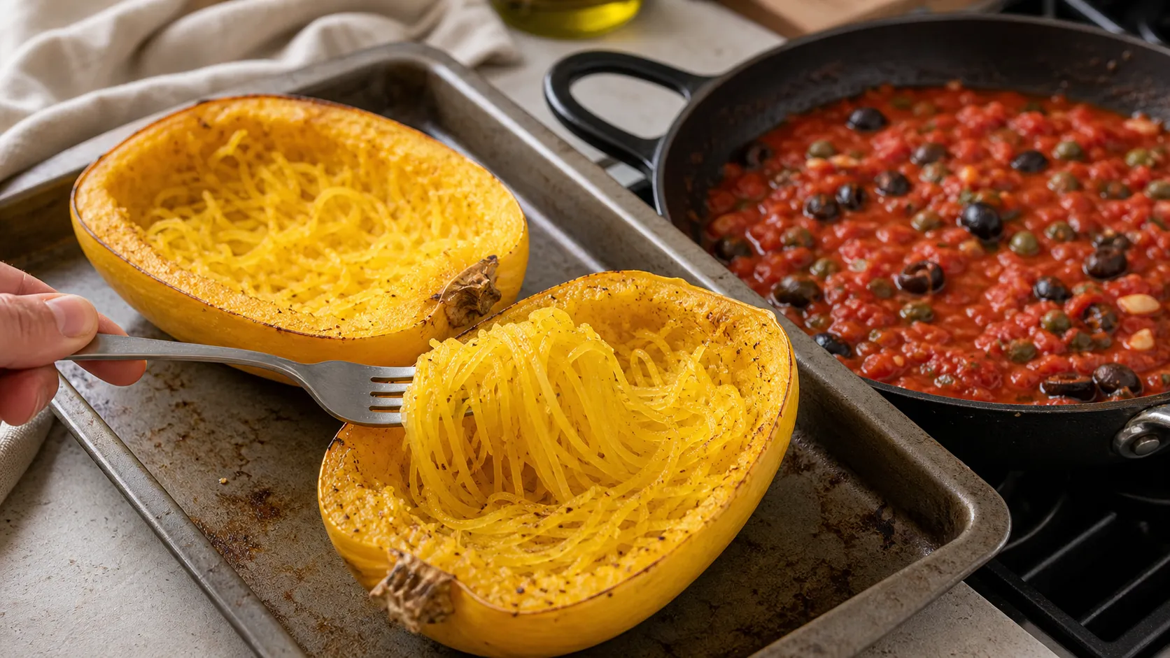 Halber Spaghetti-Kürbis auf einem Backblech, daneben die fertige Puttanesca-Sauce in der Pfanne