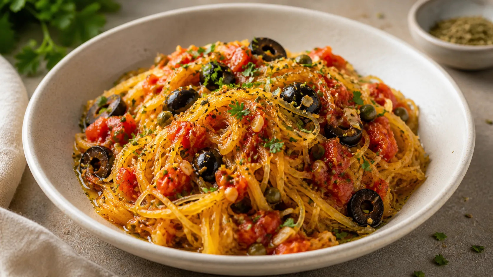 Keto Spaghetti-Kürbis Puttanesca auf einem Teller: goldgelbe Kürbisfäden mit Puttanesca-Sauce aus Tomaten, schwarzen Oliven und Kapern