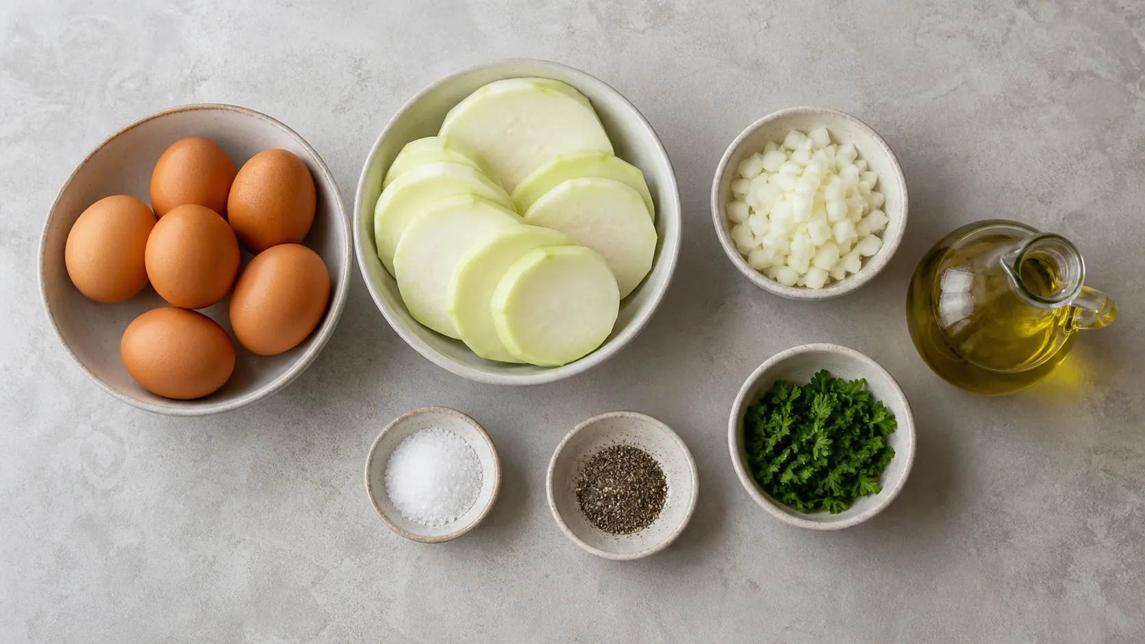 Zutaten für die Keto-Tortilla: Eier, geschälter Kohlrabi in Scheiben, Zwiebel, Olivenöl und Petersilie