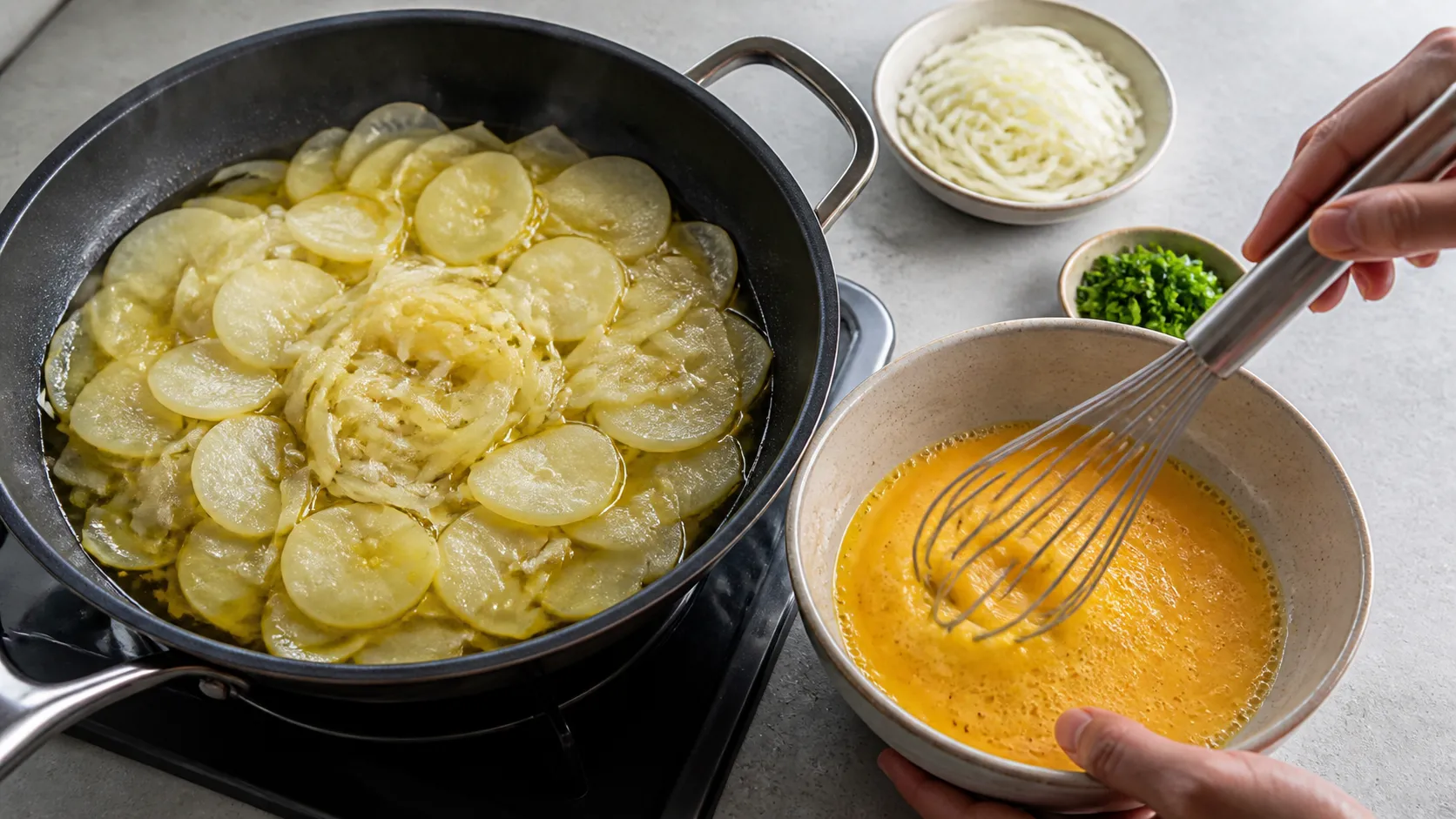 Kohlrabischeiben schmoren langsam in Olivenöl in der Pfanne, daneben werden Eier verquirlt