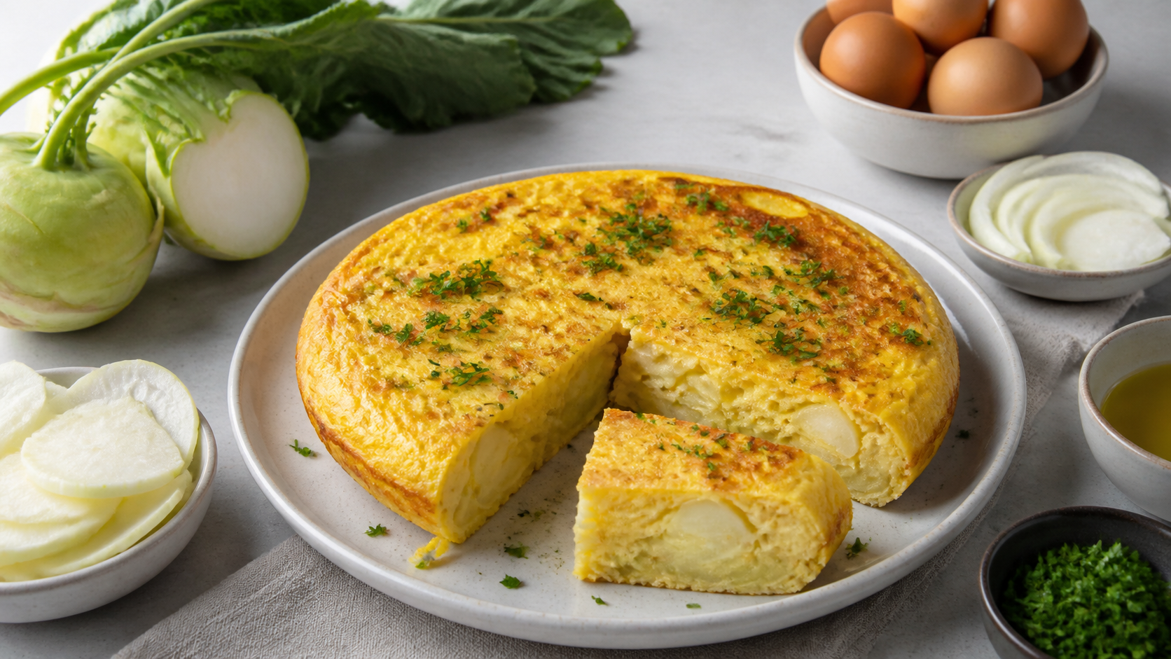Keto-Tortilla-Española: goldgelbe, dicke Tortilla mit Kohlrabischeiben, angeschnitten auf einem Teller mit Petersilie