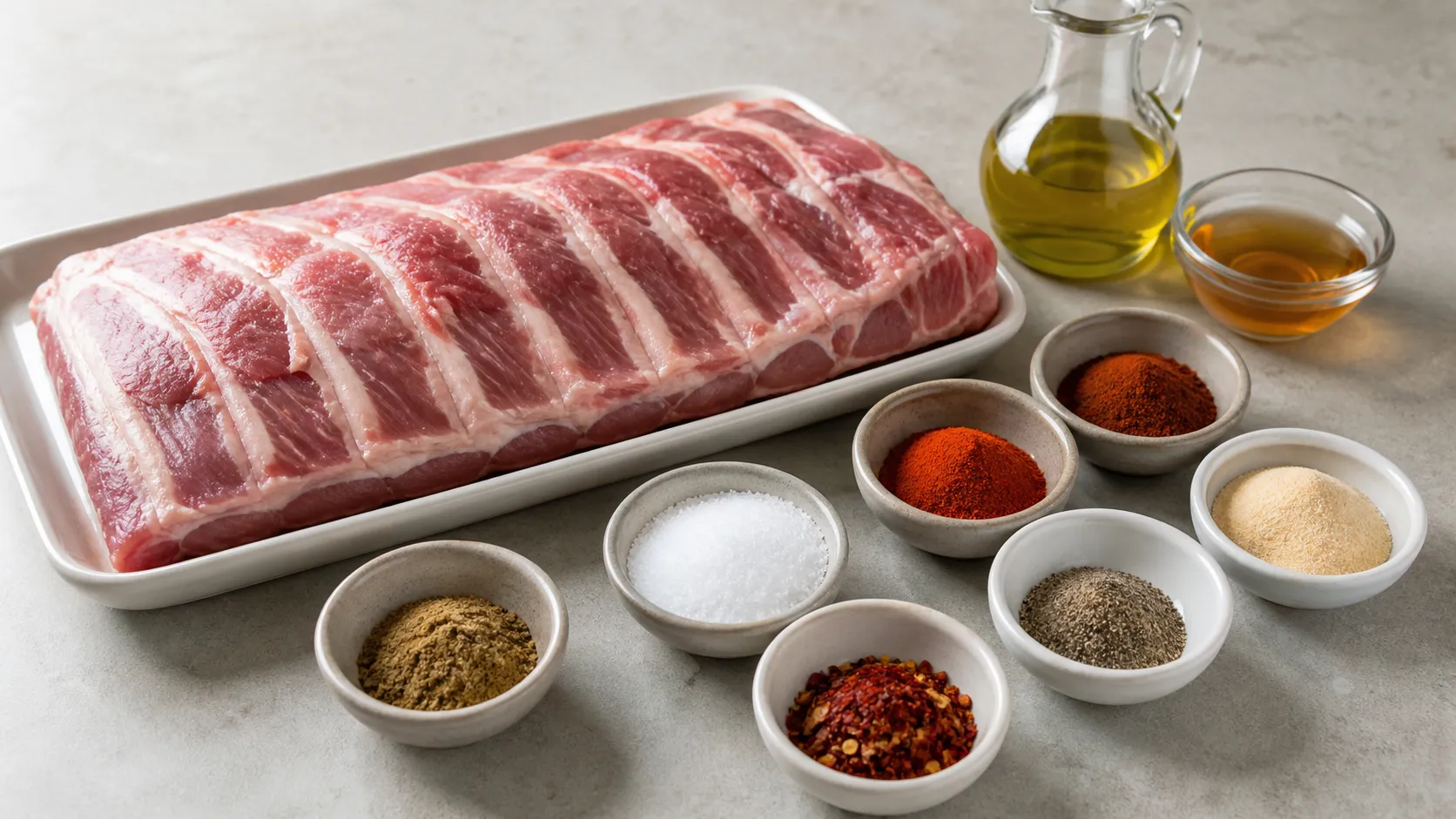 Zutaten für Keto-Spareribs: rohe Rippchen, Paprikapulver, Kreuzkümmel, Knoblauchpulver und Erythrit