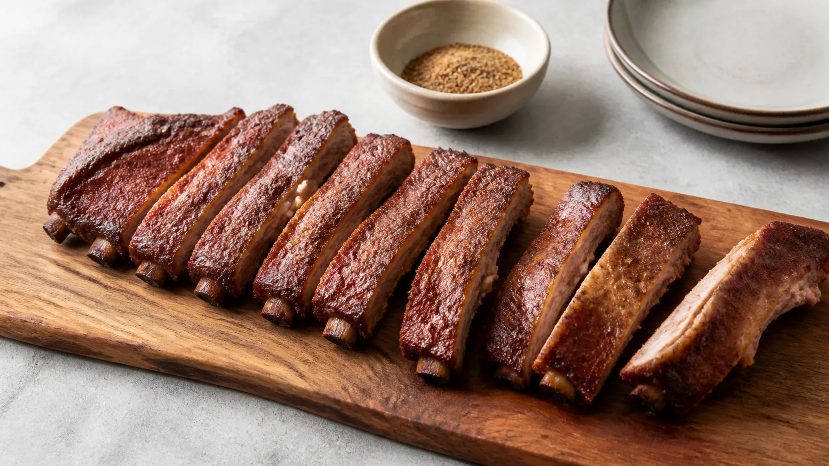 Aufgeschnittene Spareribs mit dunkler Gewürzkruste auf einem Holzbrett