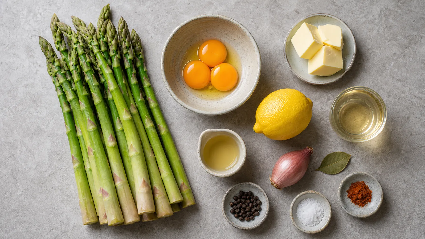 Zutaten für Keto-Spargel mit Hollandaise: grüner Spargel, Eigelb, Butter, Zitrone, Weisswein, Essig, Schalotte und Pfefferkörner
