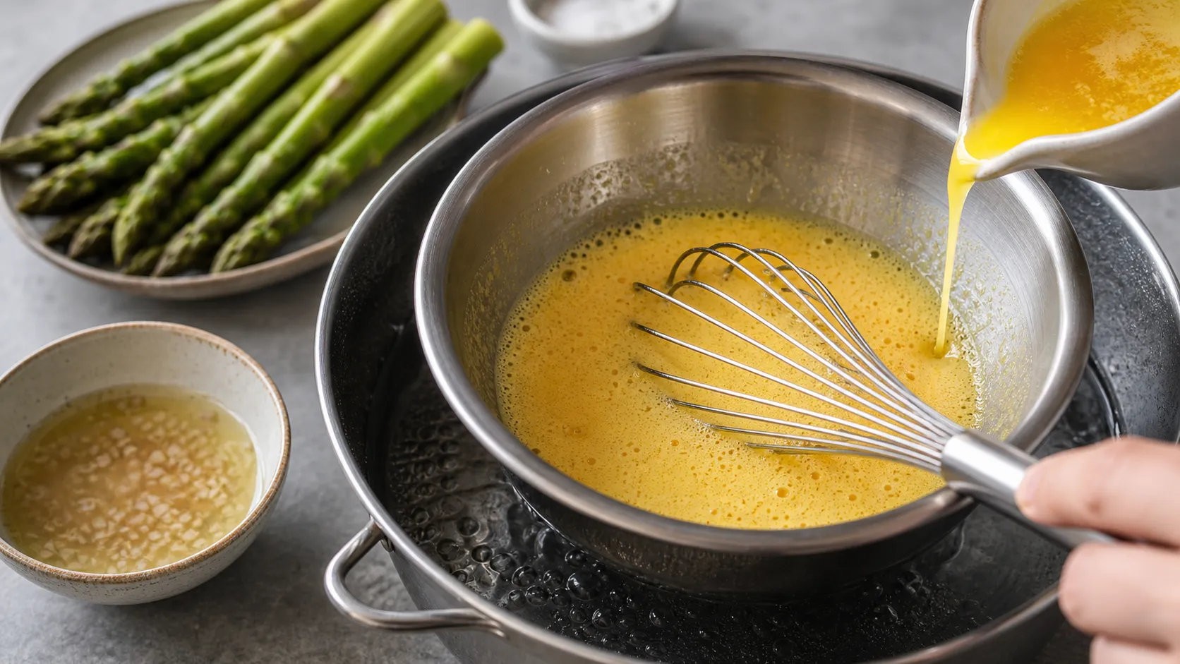 Eigelb wird in einer Metallschüssel über dem Wasserbad für Sauce Hollandaise aufgeschlagen