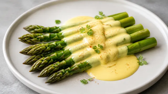 Grüner Keto-Spargel mit cremiger Sauce Hollandaise und frischen Kräutern auf einem Teller