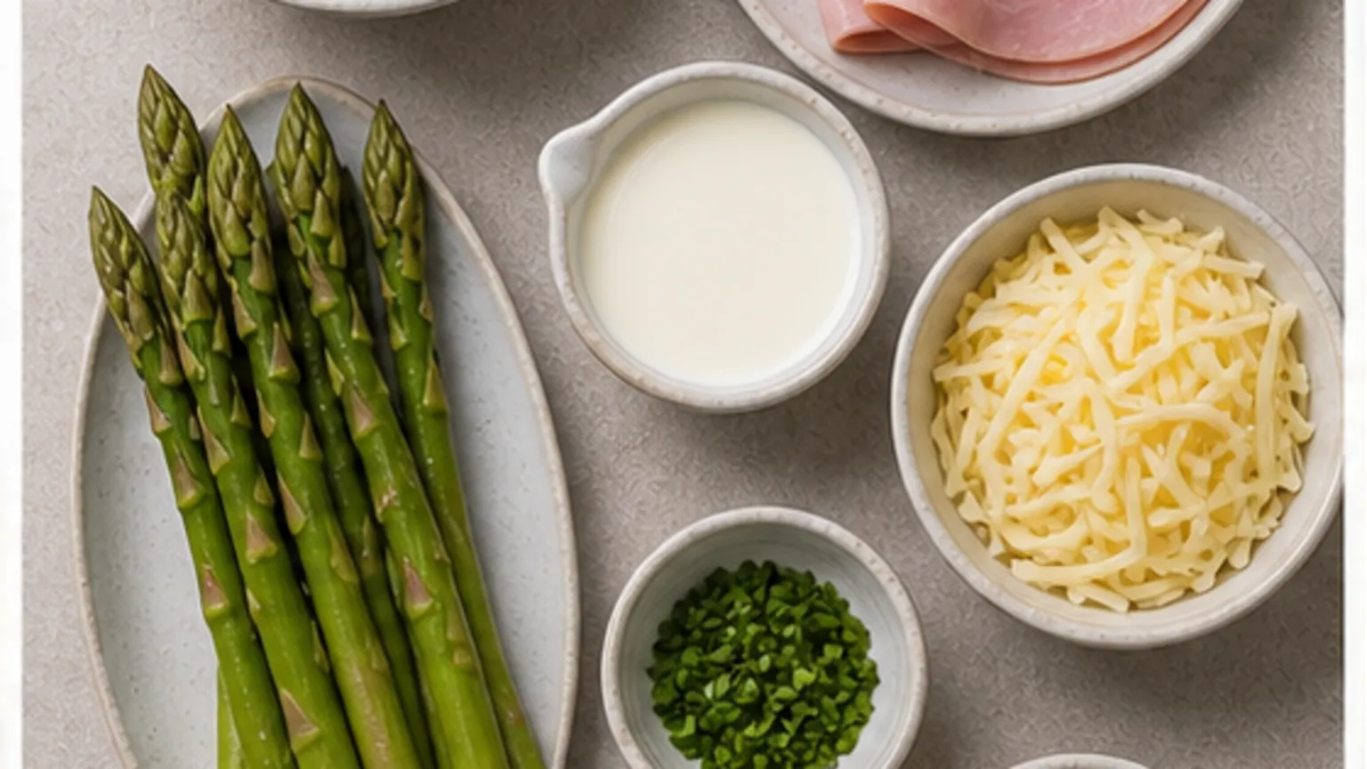 Zutaten für Keto Spargel-Omelett mit Schinken: 3 g Netto-KH und 28 g Fett in 15 Minuten: grüner Spargel, 3 Eier, Kochschinken, Butter, Parmesan, gerieben