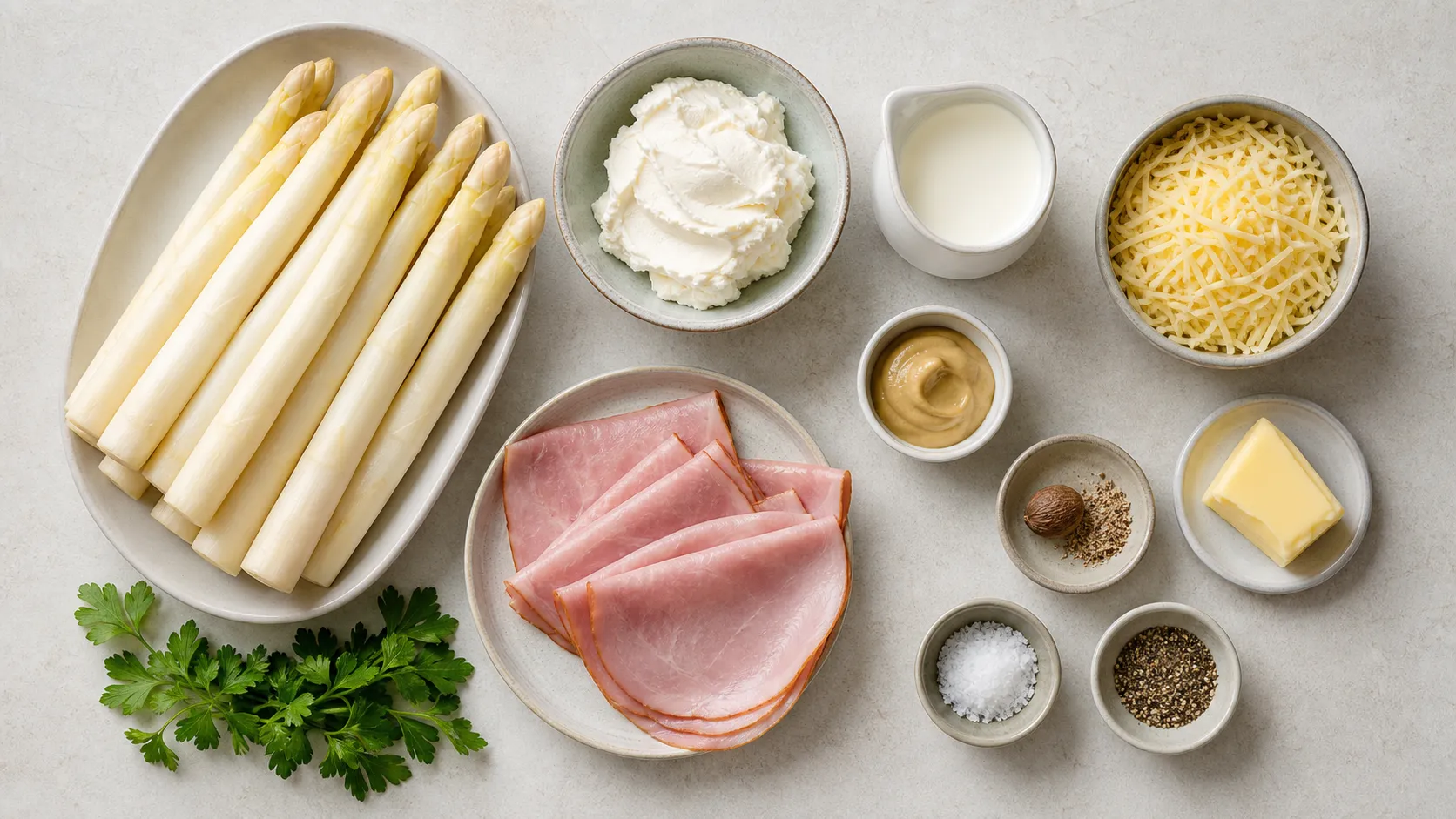 Zutaten für Keto-Spargel-Schinken-Gratin mit weißem Spargel, Kochschinken, Frischkäse, Sahne und Bergkäse