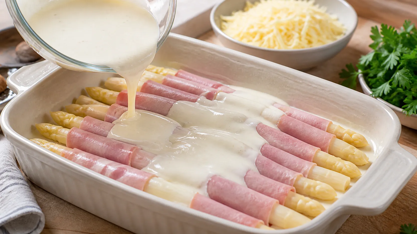 Mit Kochschinken umwickelter weißer Spargel wird für Keto-Gratin mit Frischkäse-Sahne-Sauce übergossen