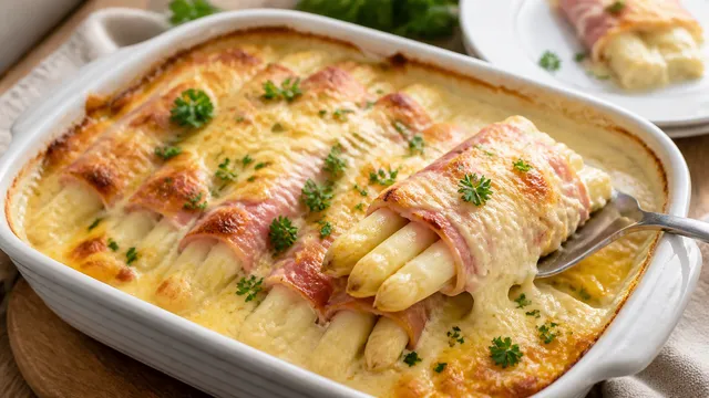 Keto-Spargel-Schinken-Gratin mit weißem Spargel, Kochschinken, Frischkäse-Sahne-Sauce und goldbrauner Käsekruste