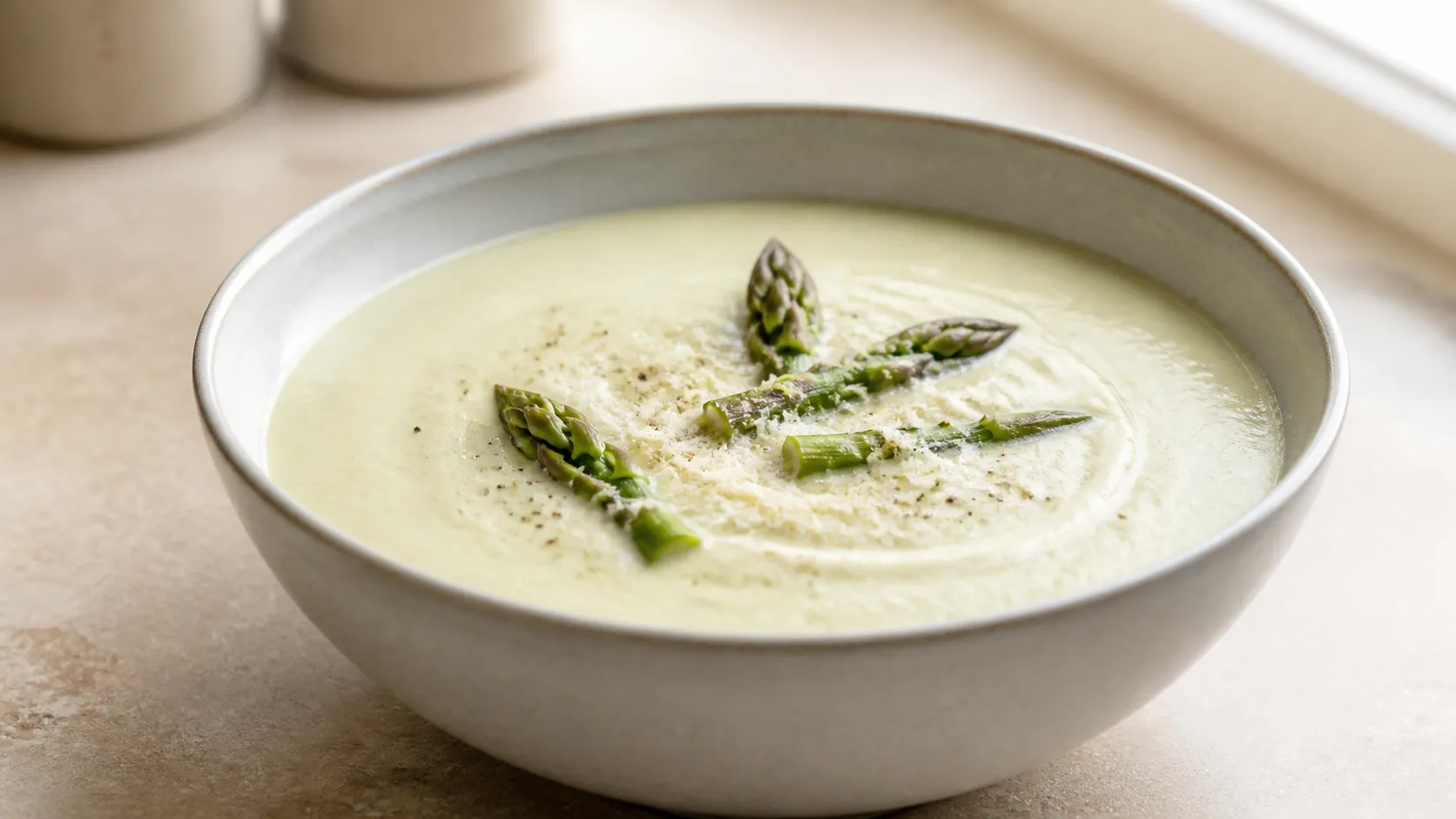 Cremige Keto-Spargelcremesuppe mit Sahne, Parmesan und Spargelspitzen in einem tiefen Teller