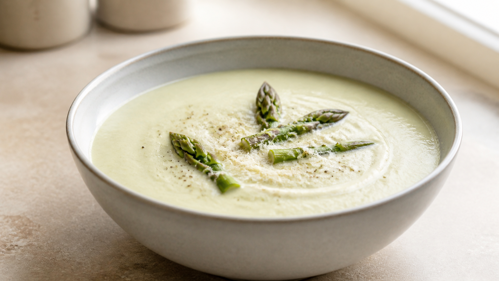 Cremige Keto-Spargelcremesuppe mit Sahne, Parmesan und Spargelspitzen in einem tiefen Teller